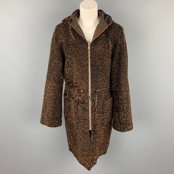 VINTAGE Size M Brown Stripe Astrakhan Fur Reversible Hooded Jacket - Picture 1 of 6